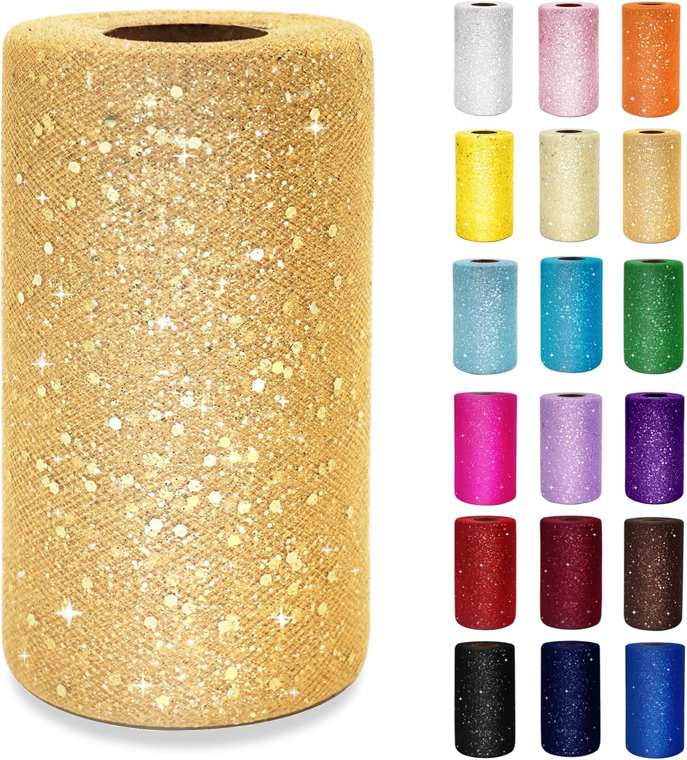 Glitter Tulle Rolls 6 Inch by 50 Yards Sequin Tulle Fabric Ribbon for Christmas Gift Wrapping DIY Tutu Skirt Sewing Bow Wedding Thanksgiving Decorations Craft Supplies (Antique Gold)